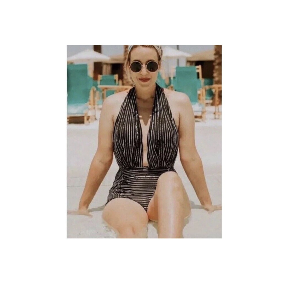 NEW Cocoship One Piece Pin Stripe Swimsuit Backless Retro High Waisted Size 6